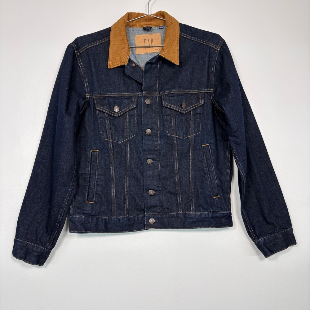Gap‎ Mens Denim Jacket Sz M Indigo Blue Corduroy Collar 1969 Trucker Barn Chore